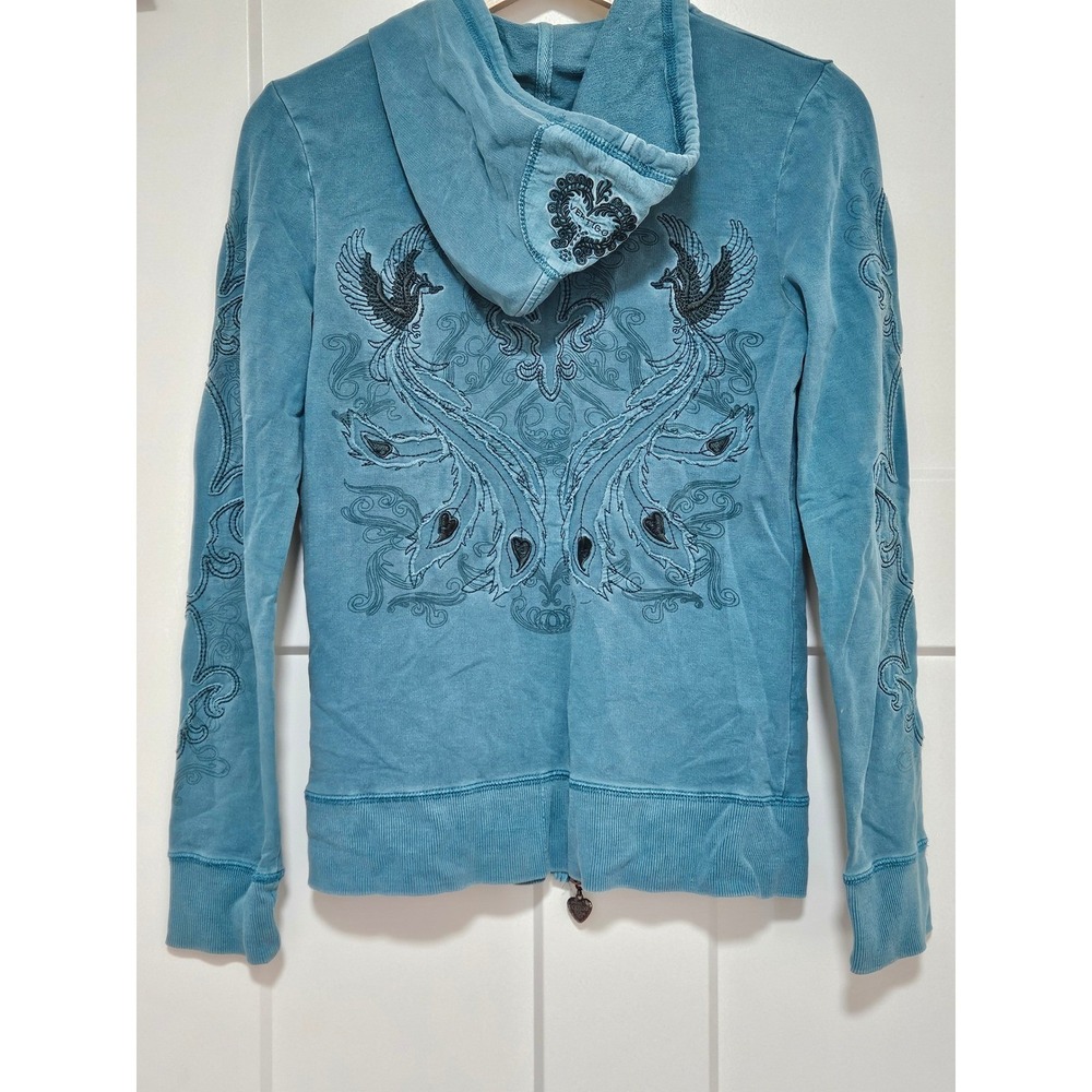 Vertigo Y2K Teal Embroidered Peacock Fleur de Lis Zip Hoodie Women S